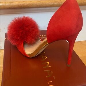 Red Selina High Heel Stiletto with Rabbit Fur Pom Pom by Liliana Size 9